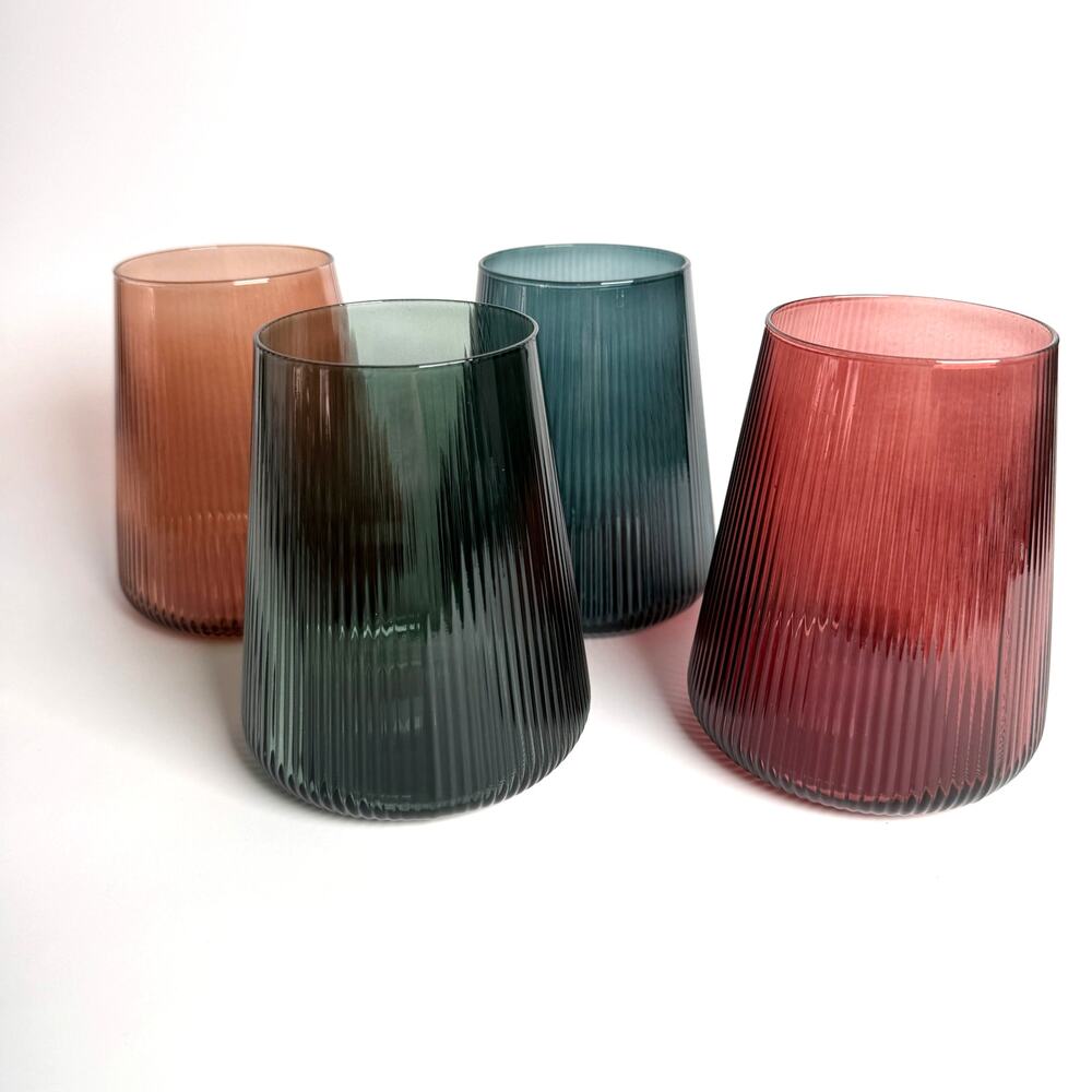 KHEN Tonal Collection Ribbed Stemless Wine Glasses Set of 4 Muted Earth Colors